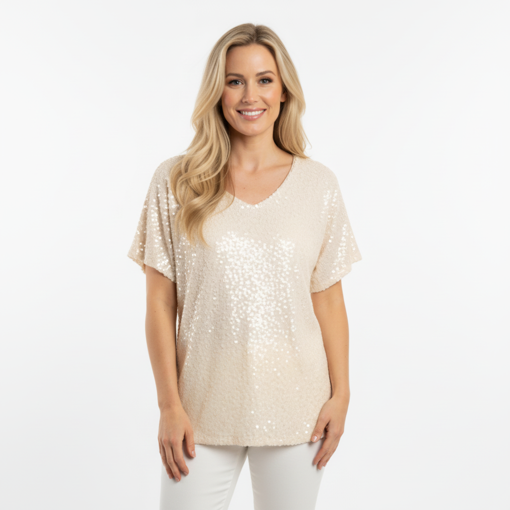 CAMISOLA CREME FESTA LANTEJOULA BRILHO MANGA CURTA