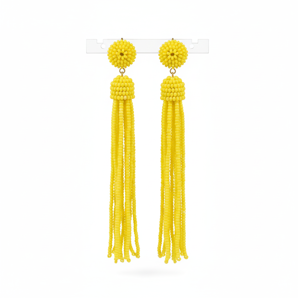 BRINCO AMARELO FRANJA BOLINHAS MIÇANGAS