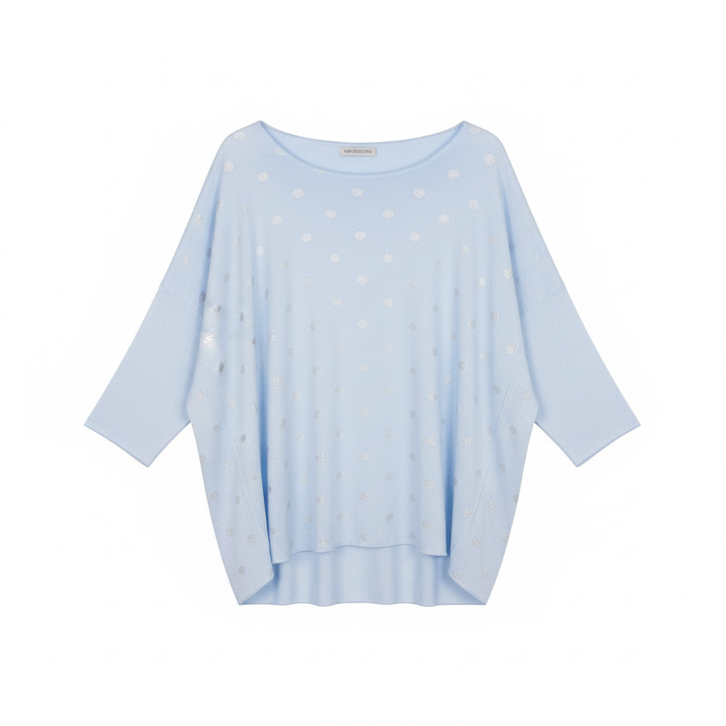 CAMISOLA MILANO AZUL BEBE BRILHO PADRÃO BOLAS CINZA MANGA 3/4