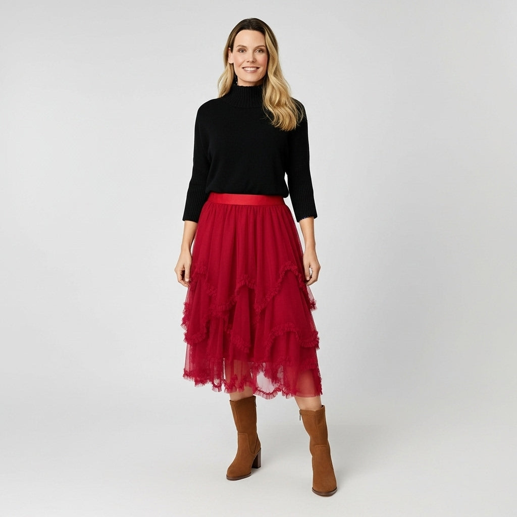 SAIA MIDI FREE SPIRIT VERMELHO SAIA DE ORGANZA CAMADAS E DETALHES NA BARRA