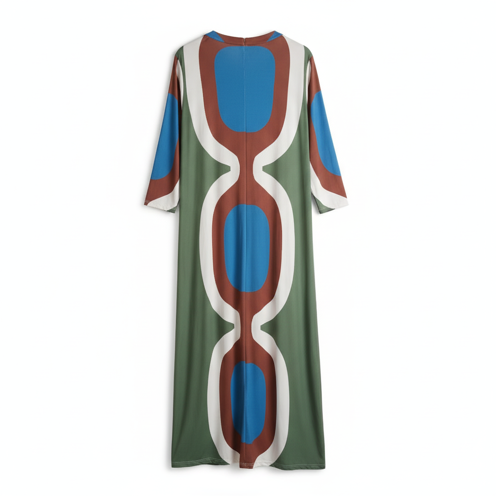 VESTIDO CAMILLE FRANCE AZUL CASTANHO VERDE BRANCO FENDA FRONTAL MANGA CUMPRIDA PADRÃO CIRCULOS LONGO