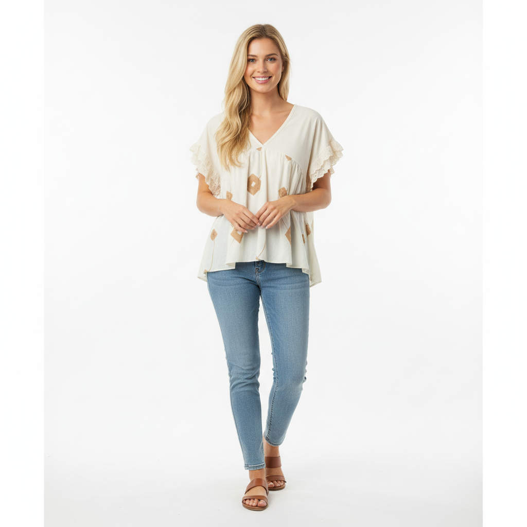 CAMISOLA Y•TWO WOMAN CREME CASTANHO BABADO RENDA MANGA CURTA BORADO GEOMETRICO DECOTE EM BICO