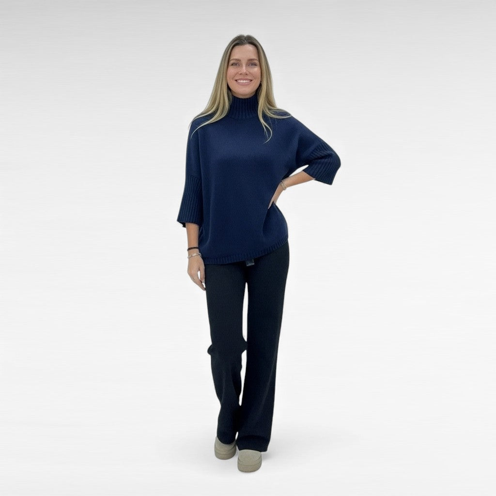 CAMISOLA GOLA ALTA 6° SHOP AZUL ESCURO CACHARREL MANGA 3/4 CANELADA