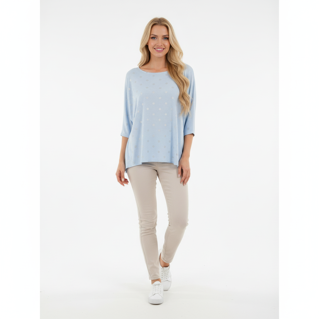 CAMISOLA MILANO AZUL BEBE BRILHO PADRÃO BOLAS CINZA MANGA 3/4