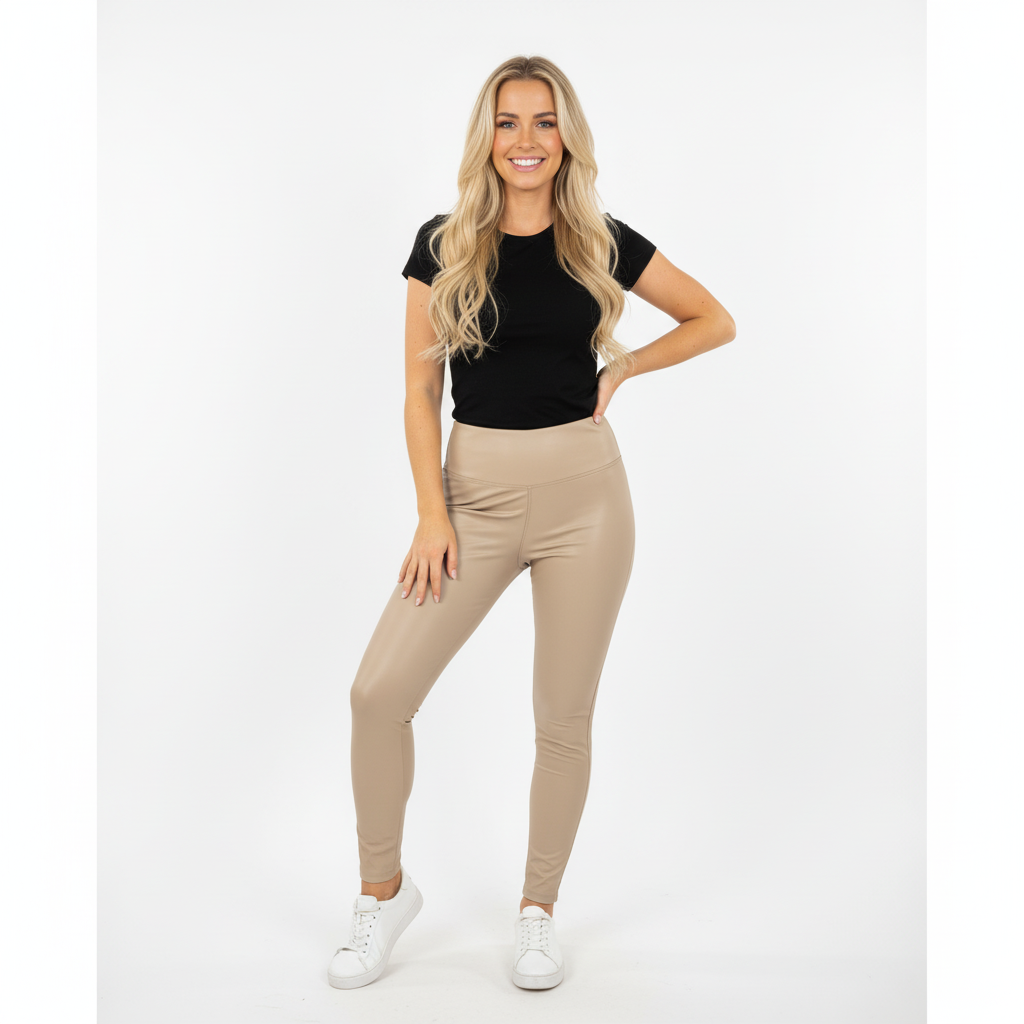 CALÇA SKINNY BEGE OFF WHITE CINZA ECO PELE ELASTICO FESTA