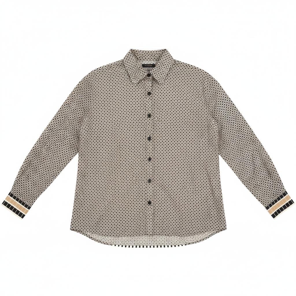 CAMISA SKATIE BRAND BEGE CASTANHO PRETO E BRANCO ESTAMPA GEOMETRICA MINI LOSANGO