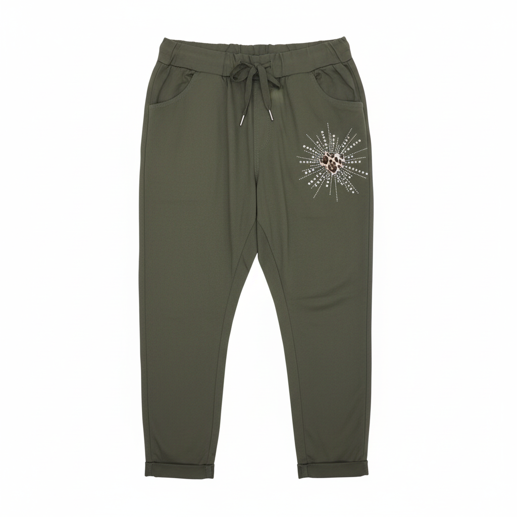 CALÇA SKINNY VERDE MILITAR CORAÇÃO ANIMAL PRINT BRILHO TECIDO REGULADOR BOLSOS