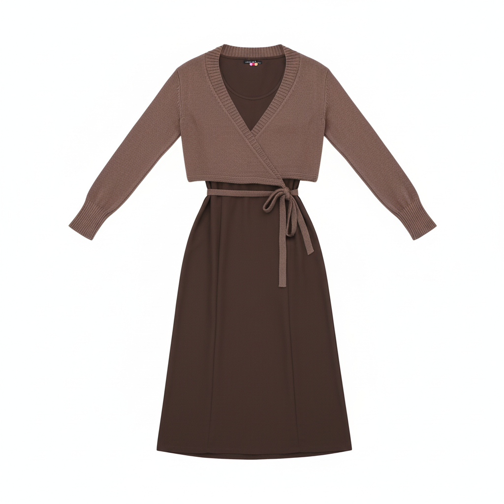 CONJUNTO LOIS & PEPE CASTANHO VESTIDO TOP CASAQUINHO AMARRAÇÃO FRONTAL