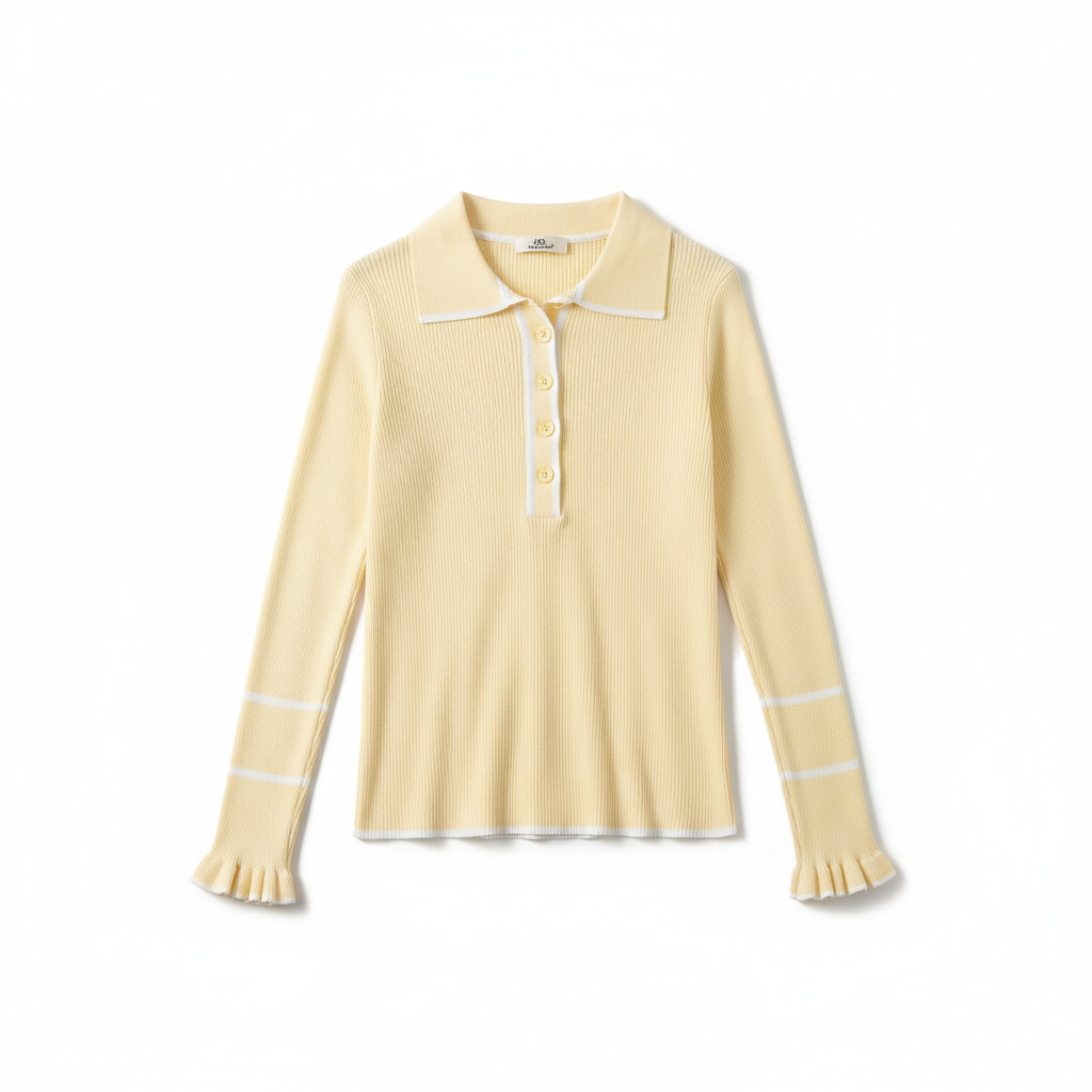 CAMISOLA MOCHY AMARELO BEBE TECIDO CANELADO BABADO PUNHO LISTRAS MANGA LONGA BOTÕES FRONTAL