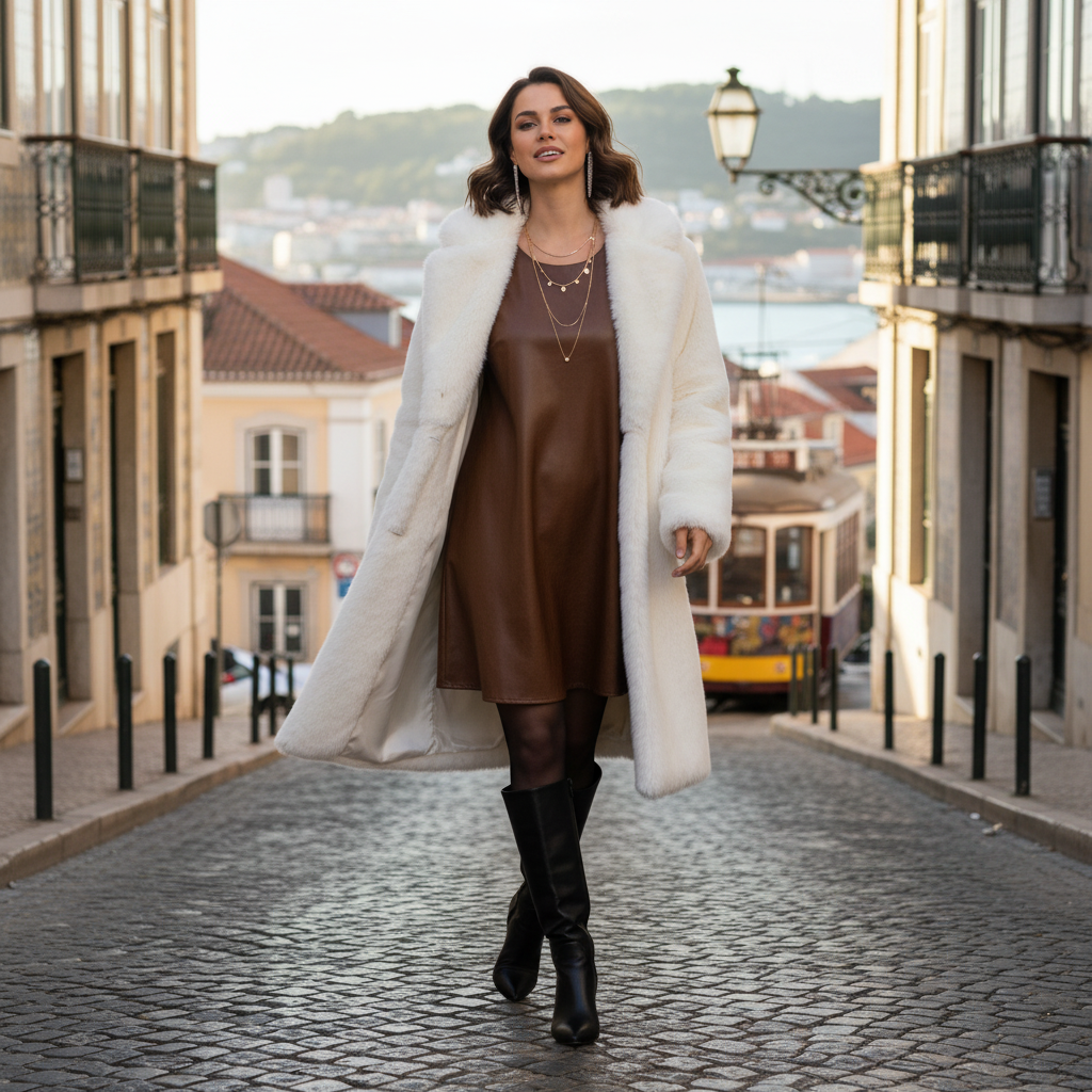VESTIDO CAMILLE FRANCE CASTANHO ECO PELE LISO