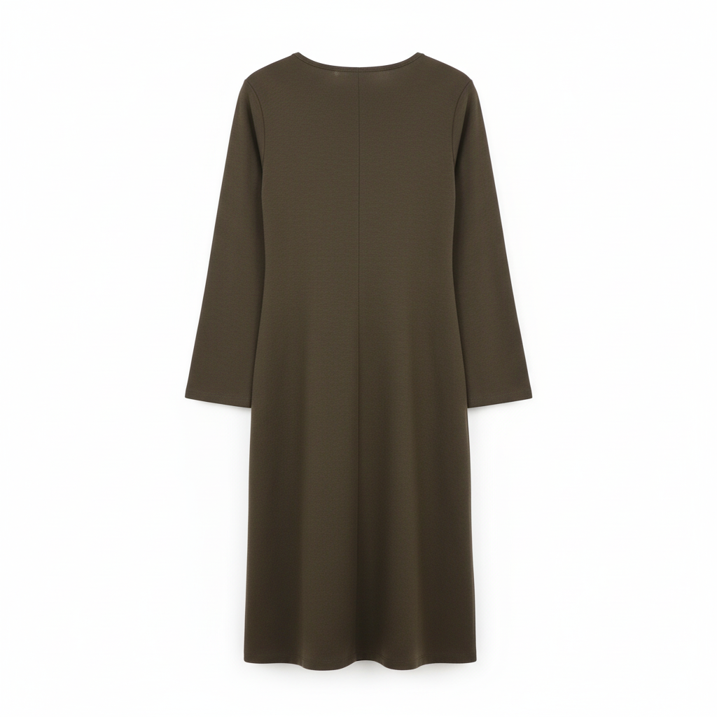 VESTIDO MAGLIFICIO ALFA CASTANHO ESCURO MANGA CUMPRIDA APLICAÇÕES BOTÕES NA MANGA