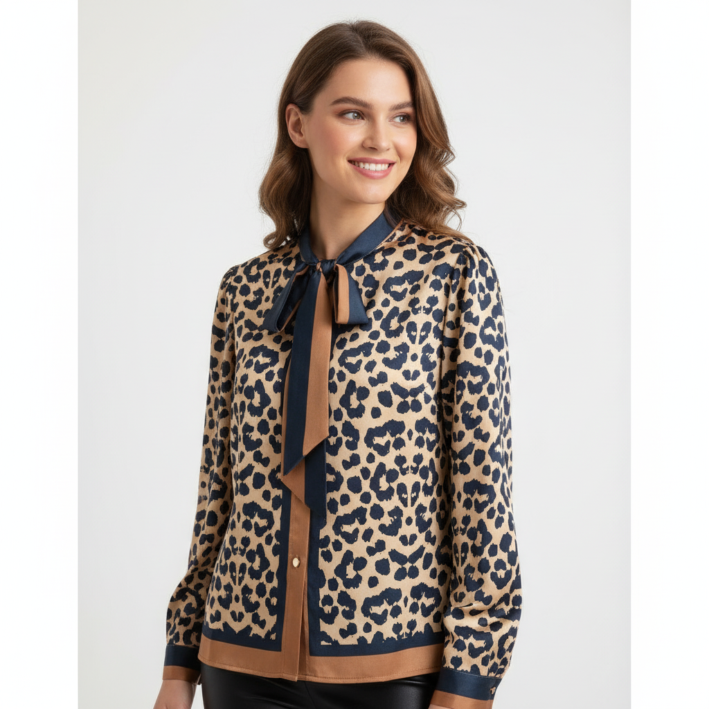 CAMISA ELLIE WHITE LEOPARDO AZUL MARINHO CASTANHO DOURADO LAÇO AMARRAÇÃO MANGA LONGA