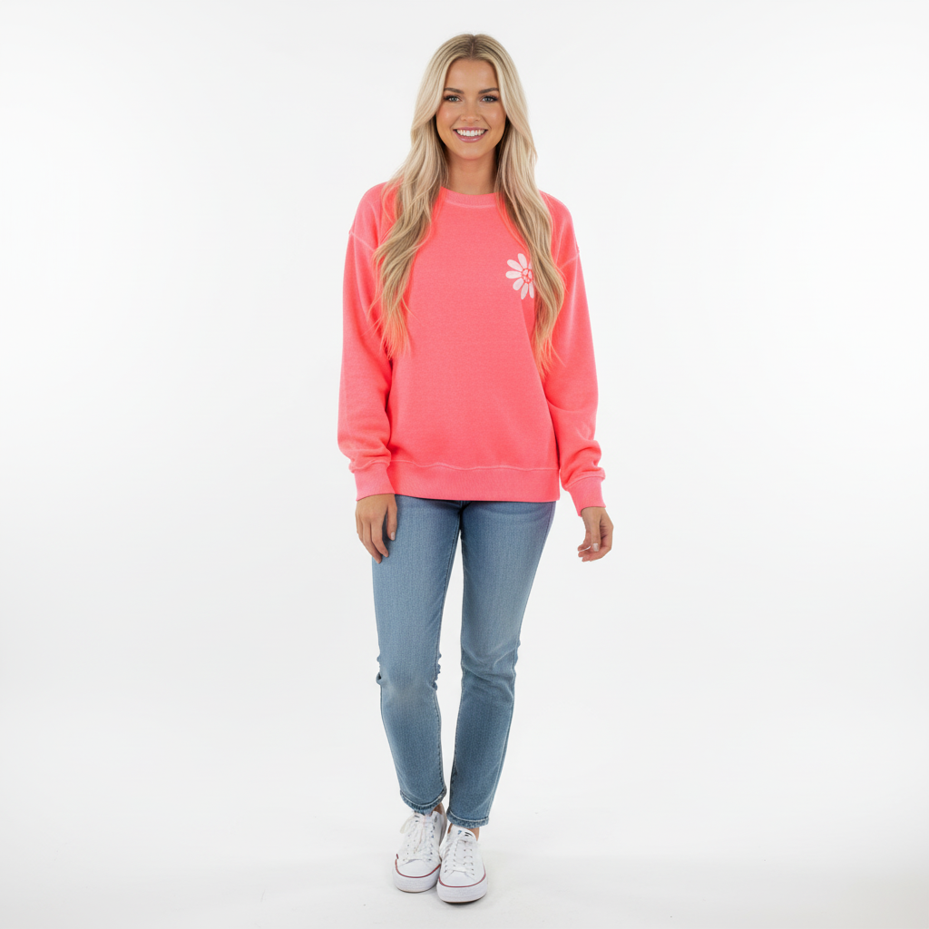 CAMISOLA APRIL VINTAGE ROSA NEON BRILHO ESTAMPA FLOR PUNHO CANELADO