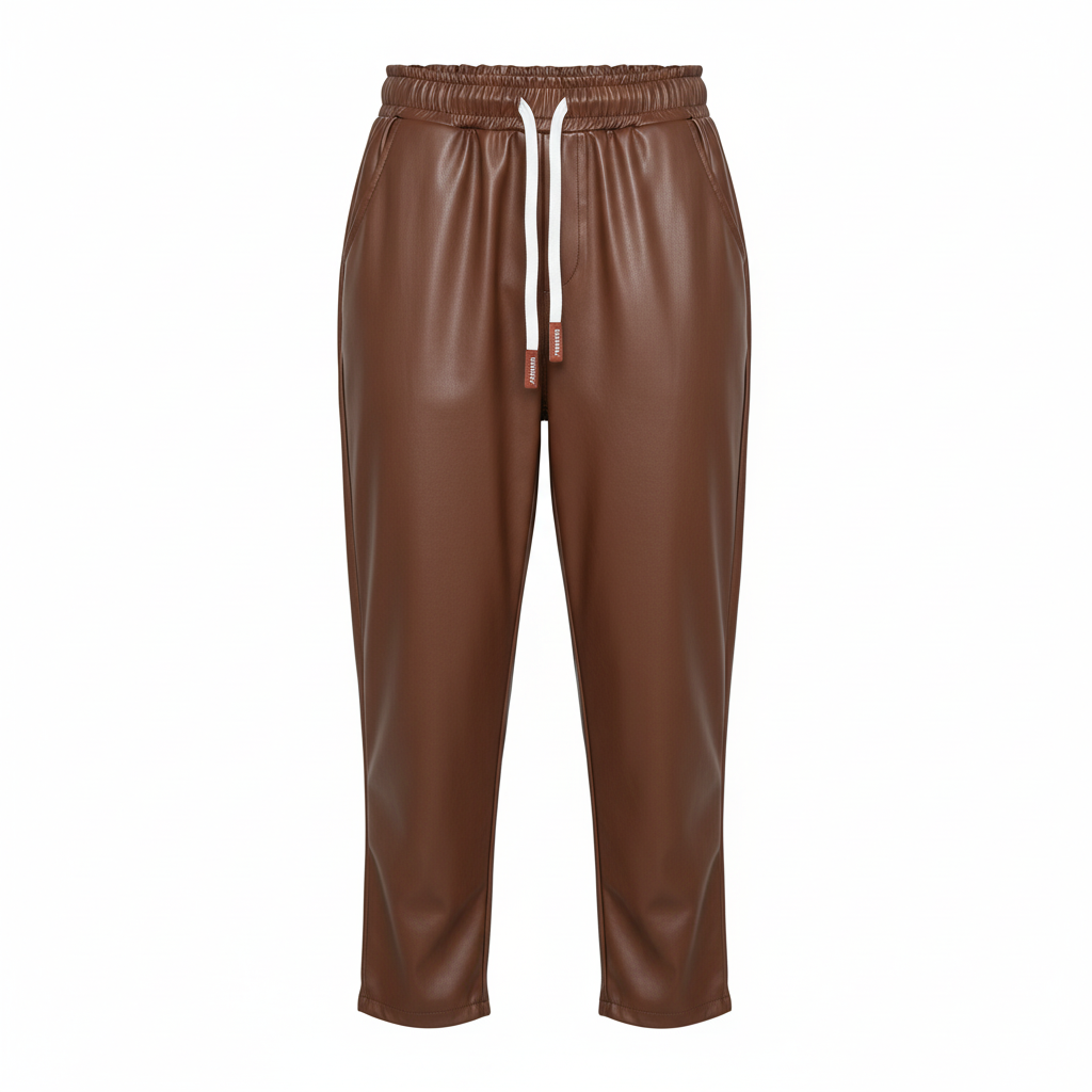 CALÇA RETA CAMILLE FRANCE CASTANHO ECO PELE CINTURA ELÁSTICO REGULADOR