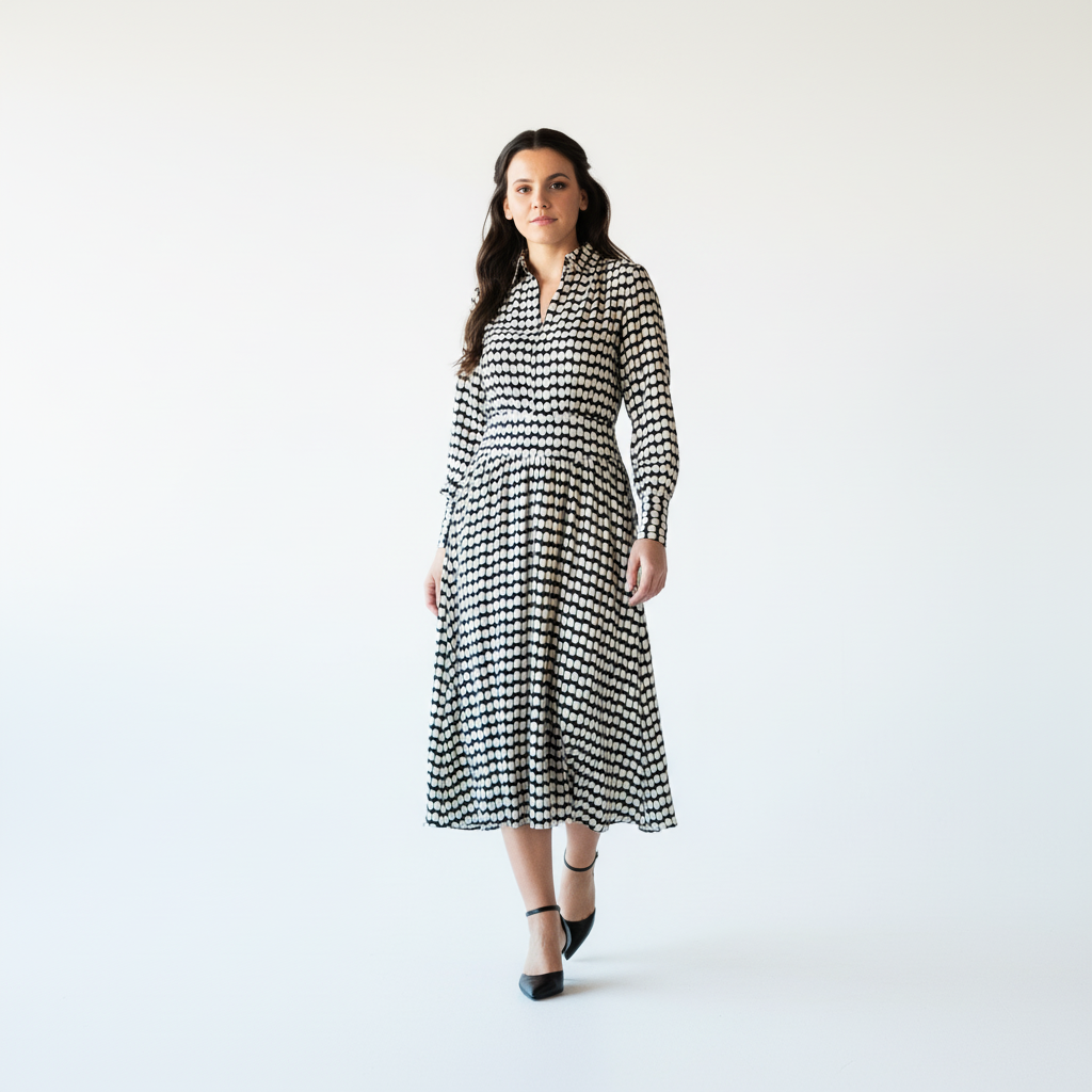 VESTIDO SKATIE BRAND BRANCO E PRETO PADRÃO BOLAS AJUSTE TRASEIRO ELÁSTICO PUNHOS BOTÕES ZIPER FRONTAL LONGO