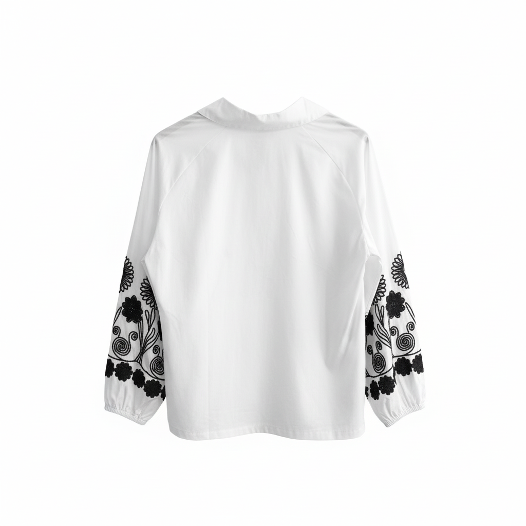 CAMISA MATCH POINT BRANCO PRETO BORDADO FLORES BARRA GOLA BOTÕES