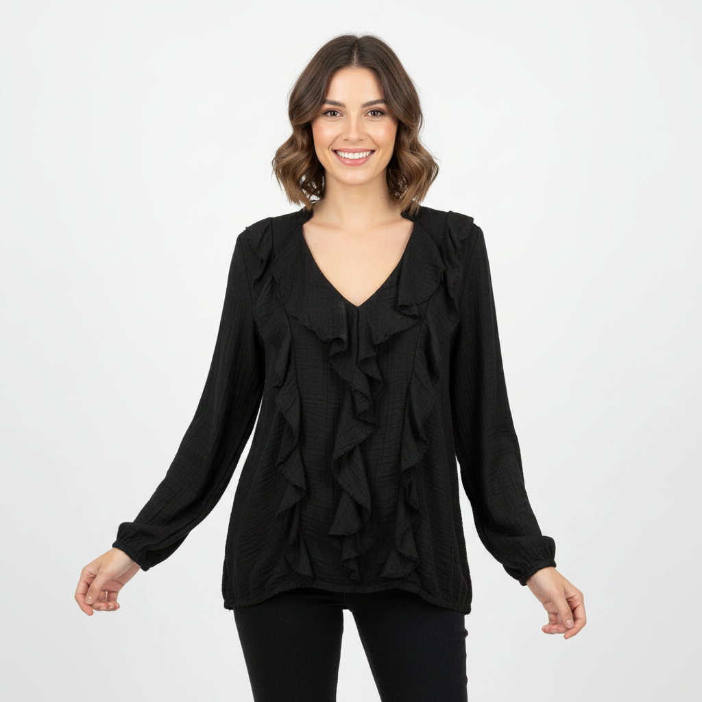 CAMISOLA CAMILLE FRANCE PRETO DECOTE EM BICO BABADOS