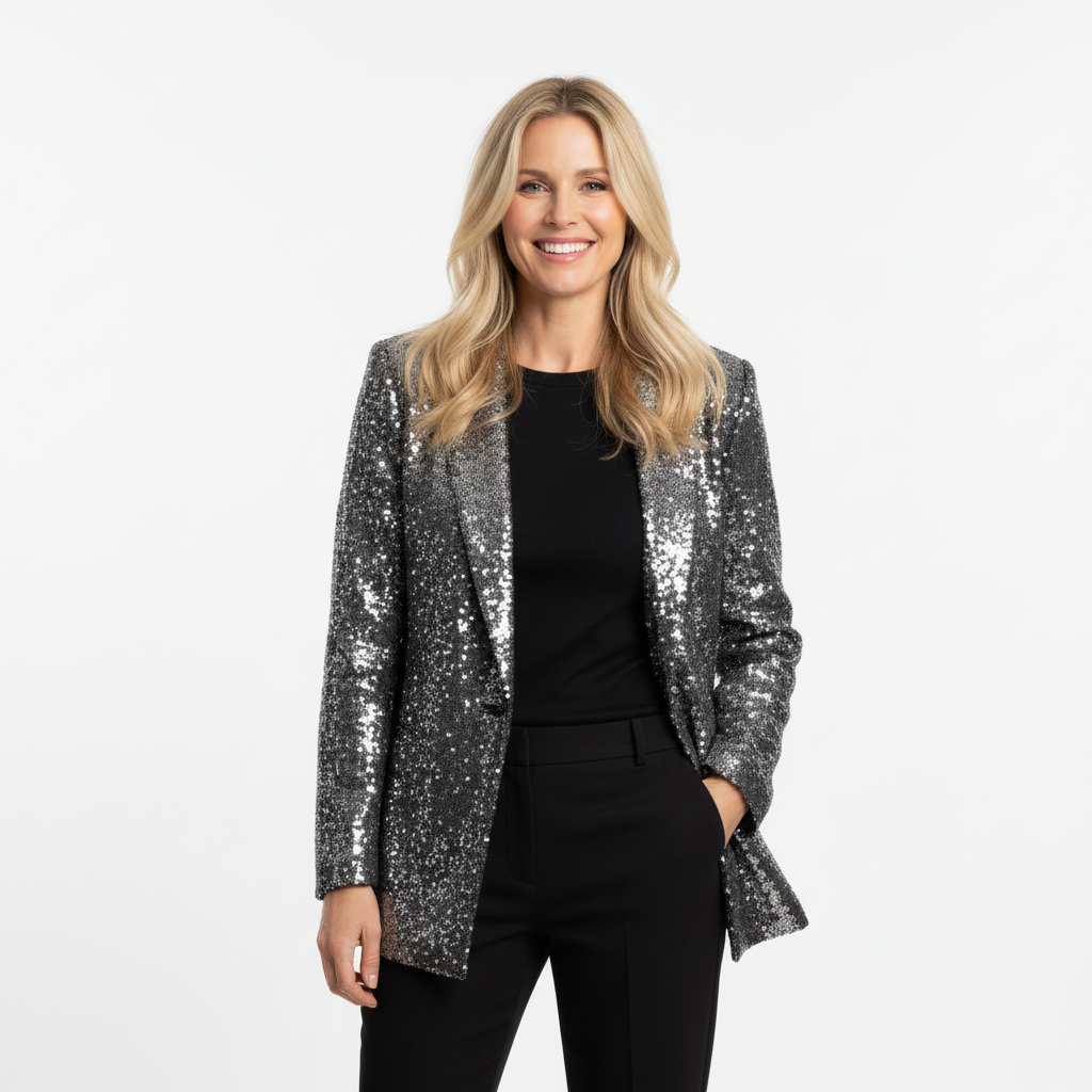 BLAZER LUMINA PRATA FESTA LANTEJOULA TERNO ACINTURADO BOLSOS