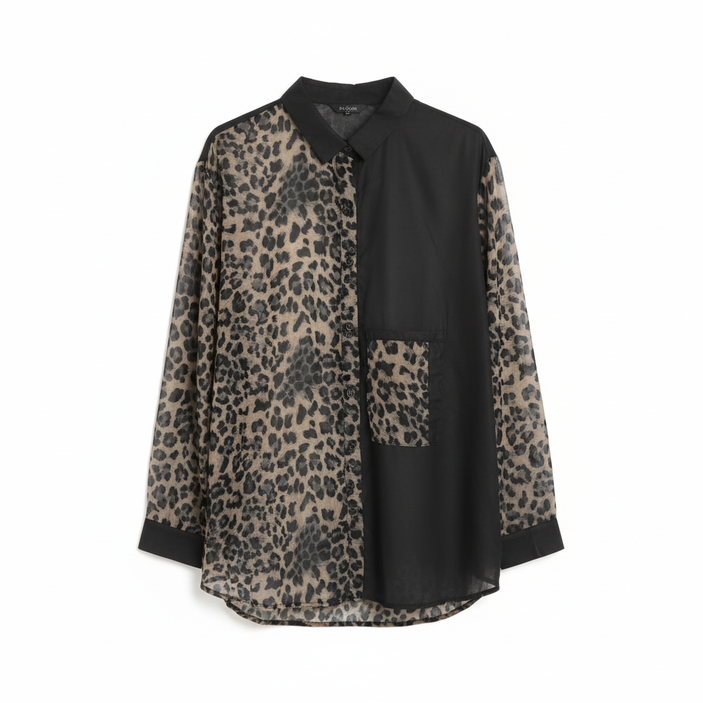 CAMISA NEFELIBATA TIGRESA ANIMAL PRINT CASTANHO PRETO BOLSO FRONTAL BOTÕES