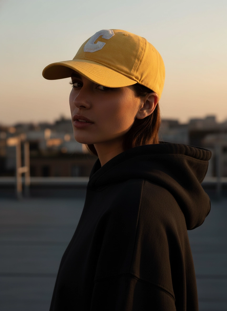 BONÉ ABA CURVA AMARELO APLICAÇÃO LETRA C PELOS BRANCO AJUSTAVÉL