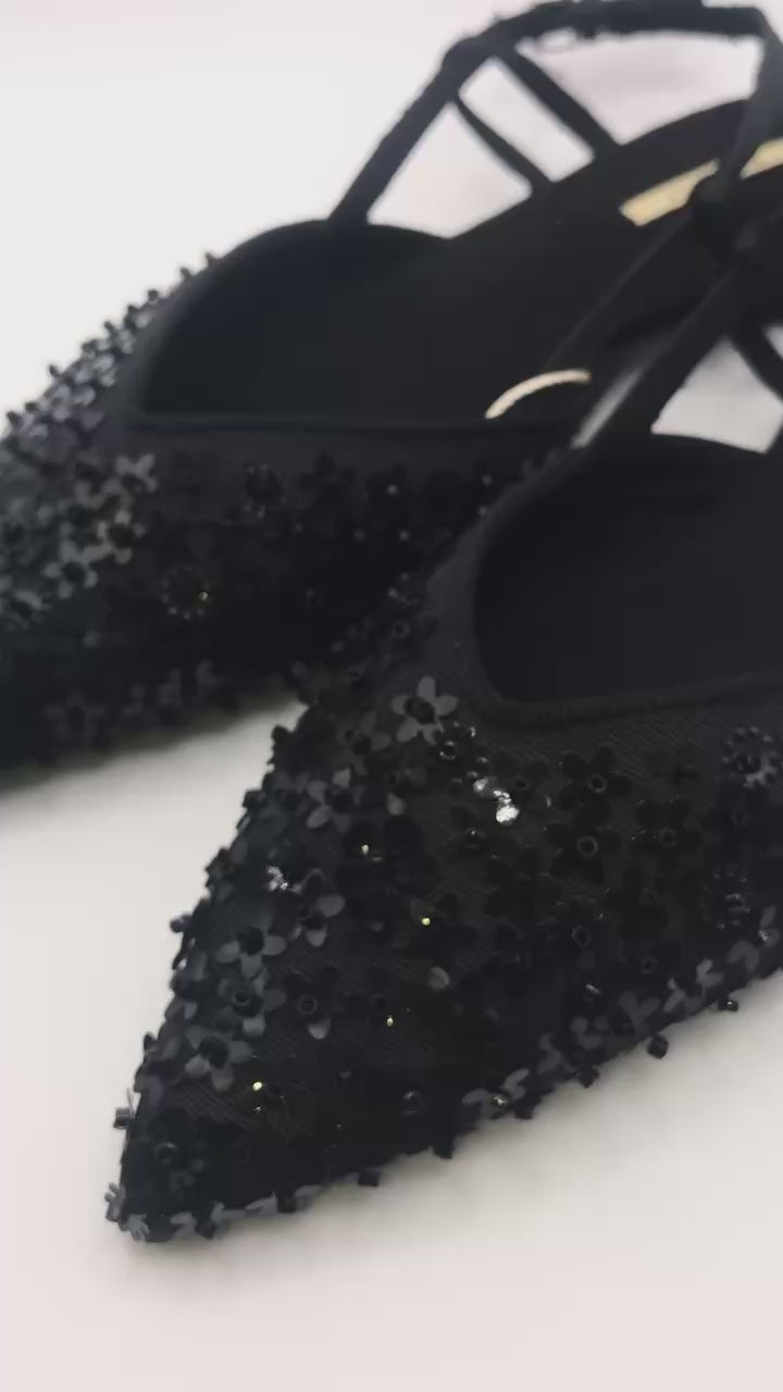 Sandálias Femininas Rasas Corina Com Brilho E Pedraria Slingback Pontiaguda Sapatos Elegantes De Festa Cor Preto Tiras Ajustáveis Calçado Confortável Senhora