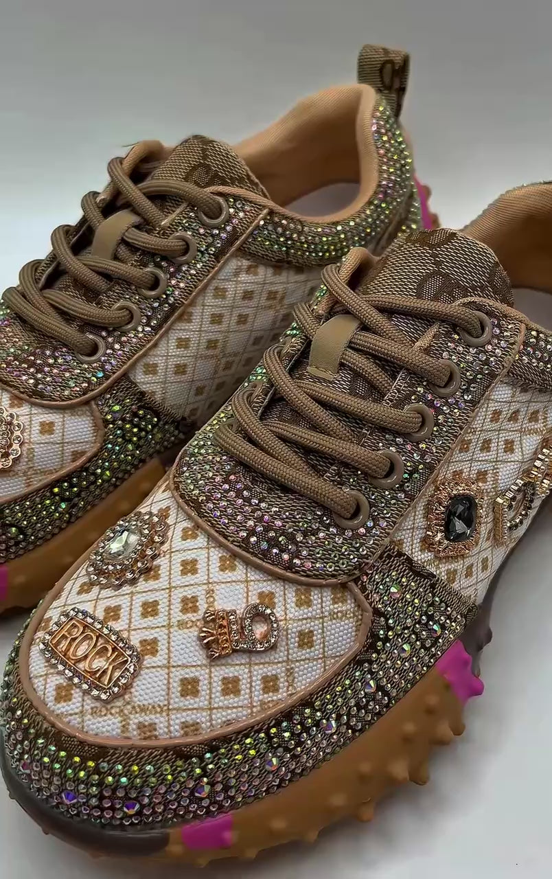 Sapatilhas Femininas Rockaway de Luxo Com Brilhantes e Strass Rock; Ténis Castanho Plataforma com Sola Tratorada de Espinhos; Calçado Casual Confortável Moda Streetwear Outono Inverno