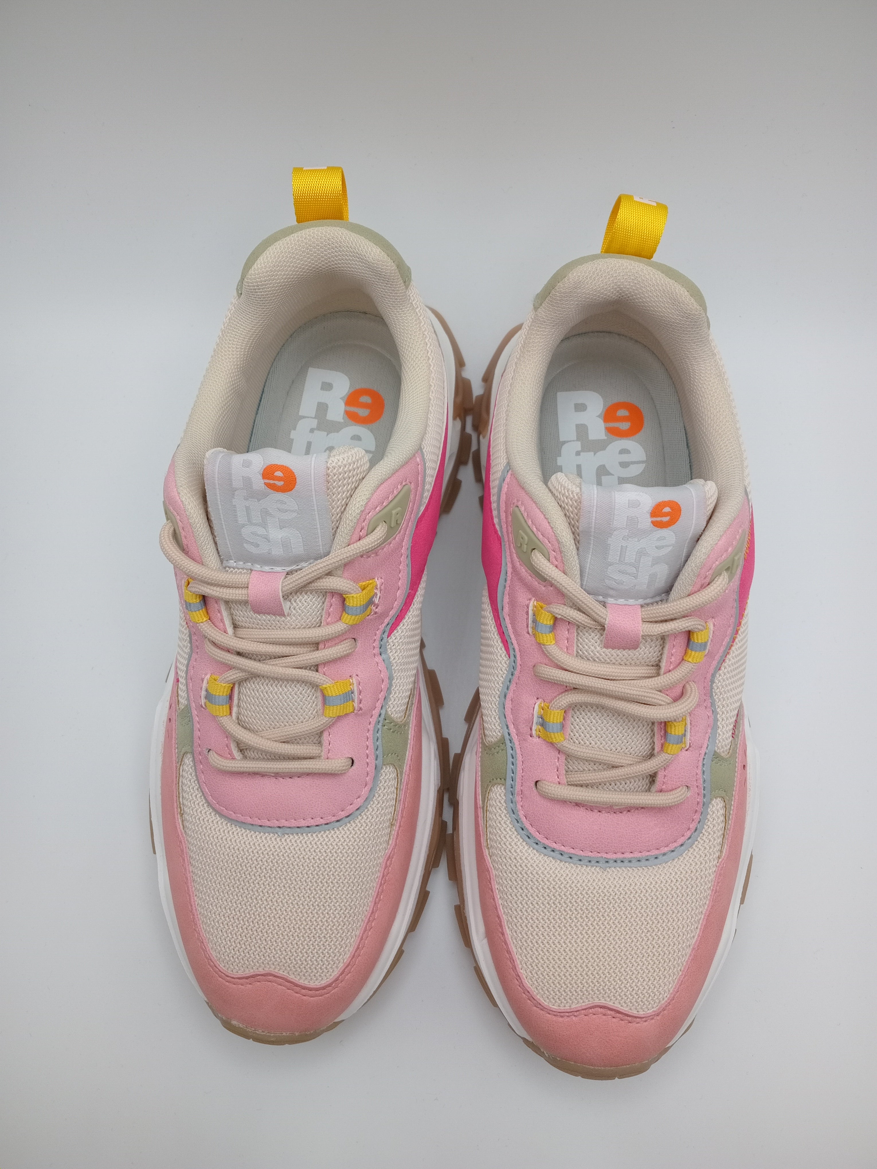 TÊNIS REFRESH ROSA CINZA BRANCO AMARELO TECIDO SPORT