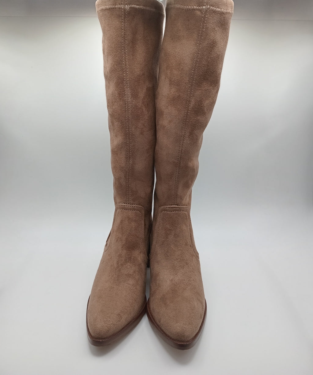 BOTA SALTO FENDA VEXED SHOES CASTANHO TECIDO CAMURÇA BICUDO ZIPER CANO ALTO
