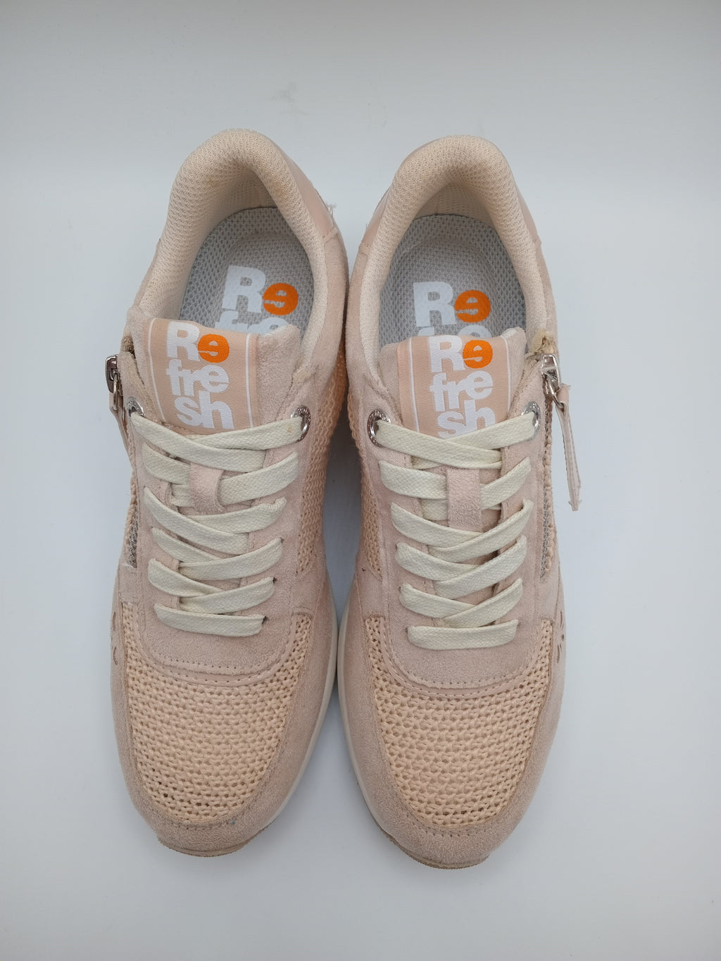 TÊNIS REFRESH ROSE BEGE NUDE BRANCO TECIDO MACRAME CROCHE CAMURÇA ABERTURA ZIPER LATERAL