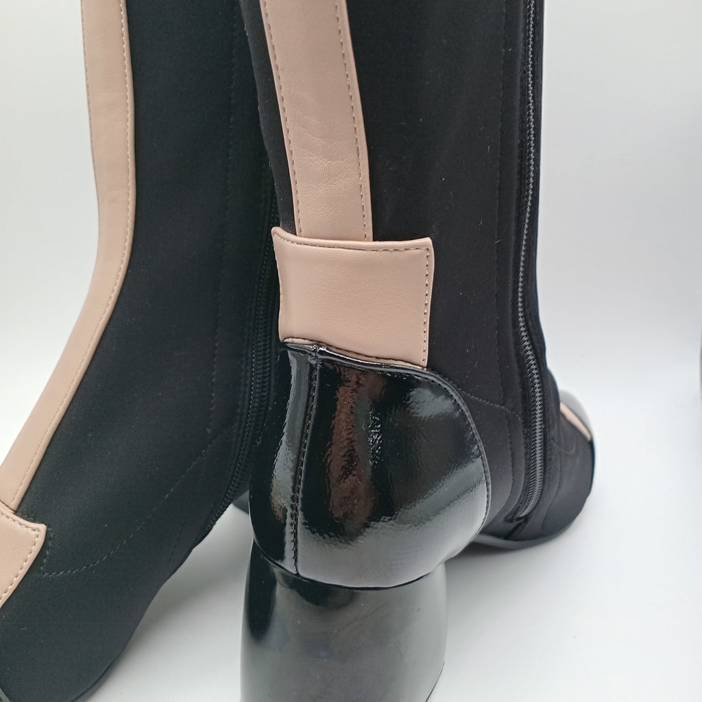 BOTA SALTO ROCKAWAY PRETO BEGE ROSE TECIDO IMPERMEÁVEL LISTRA BEGE CANO ALTO BICUDO
