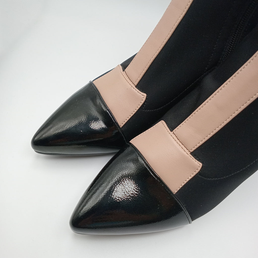 BOTA SALTO ROCKAWAY PRETO BEGE ROSE TECIDO IMPERMEÁVEL LISTRA BEGE CANO ALTO BICUDO