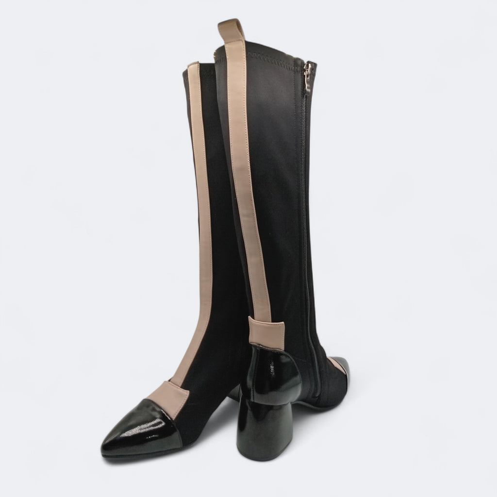 BOTA SALTO ROCKAWAY PRETO BEGE ROSE TECIDO IMPERMEÁVEL LISTRA BEGE CANO ALTO BICUDO