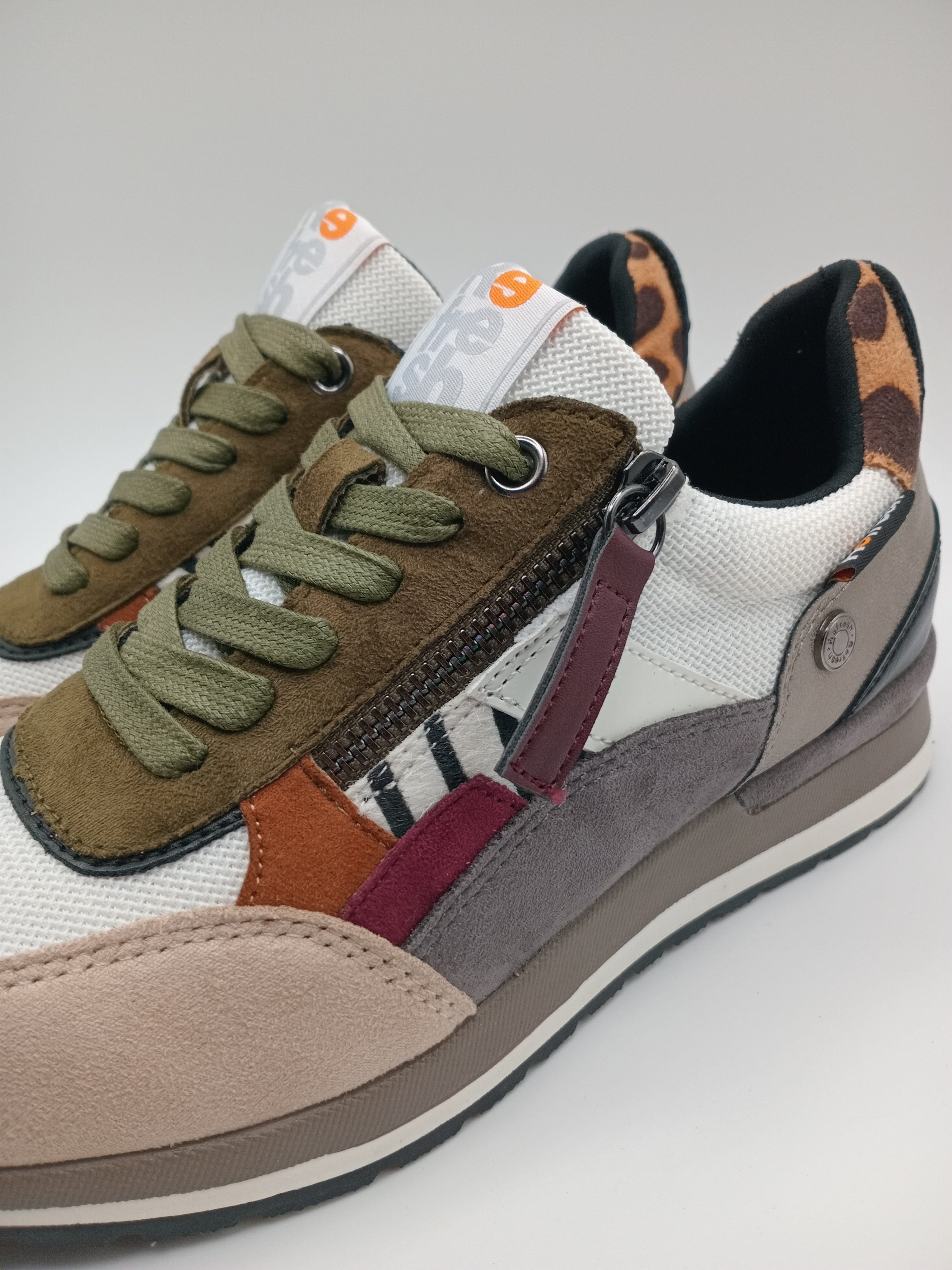TÊNIS REFRESH VERDE CINZA LEOPARDO BORDO CASTANHO BEGE BRANCO PRETO TECIDO ABERTURA ZIPER LATERAL ANIMAL PRINT