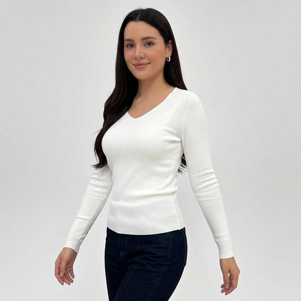 CAMISOLA VINCEOTTO CREME DECOTE EM BICO MANGA CUMPRIDA