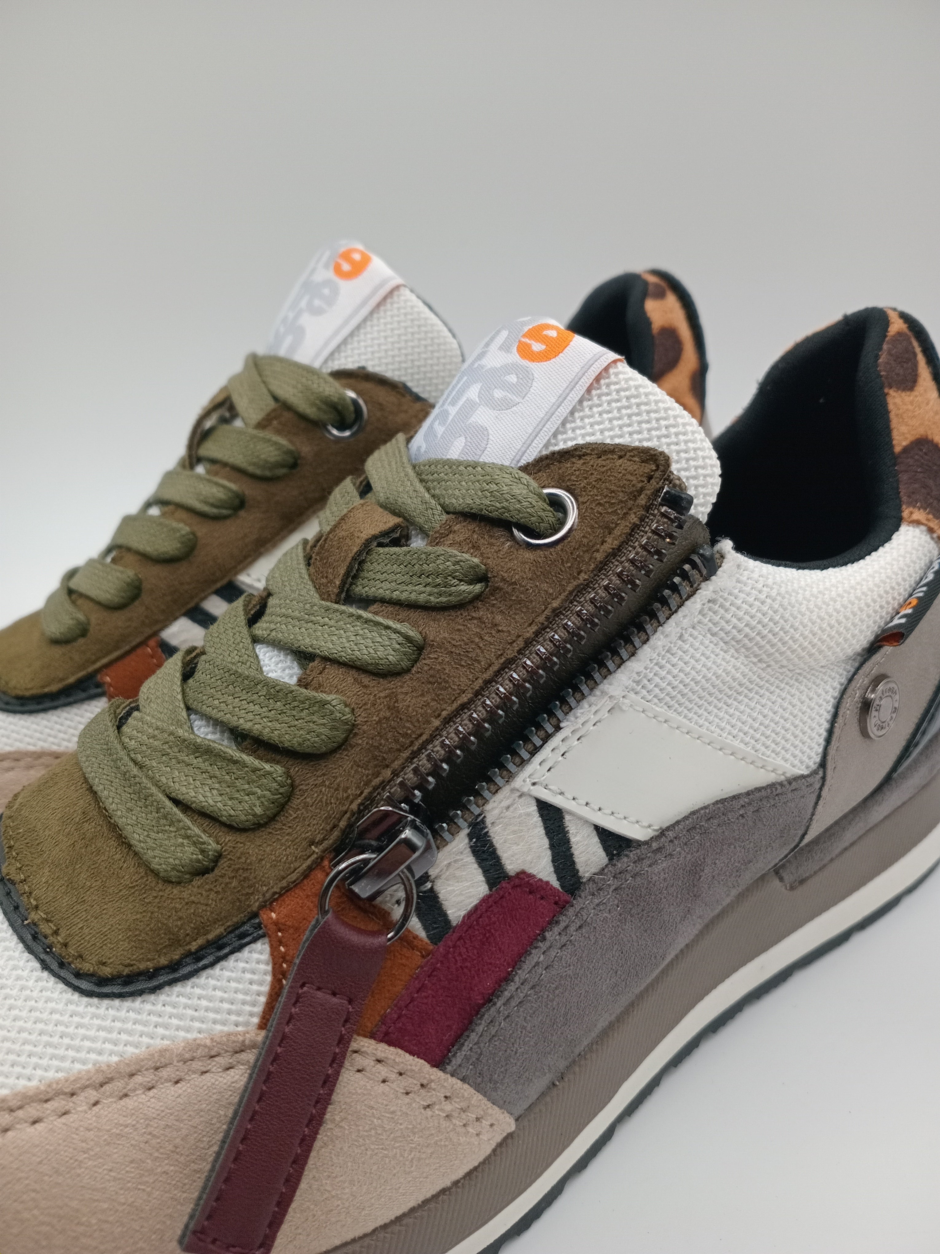 TÊNIS REFRESH VERDE CINZA LEOPARDO BORDO CASTANHO BEGE BRANCO PRETO TECIDO ABERTURA ZIPER LATERAL ANIMAL PRINT