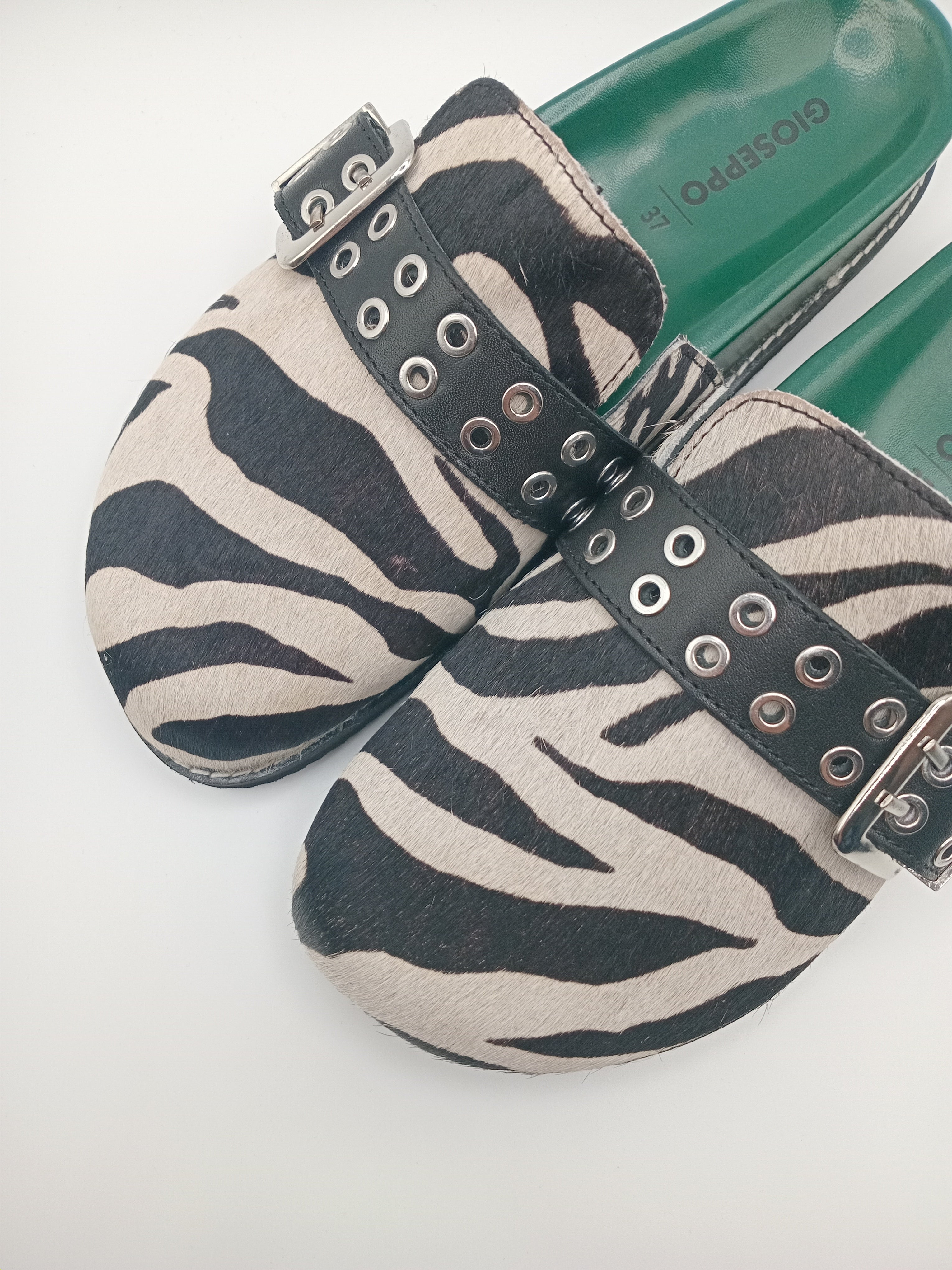 SOCAS GIOSEPPO ZEBRA PRETO BRANCO VERDE COURO TIRA REGULADORA ARGOLAS ANIMAL PRINT