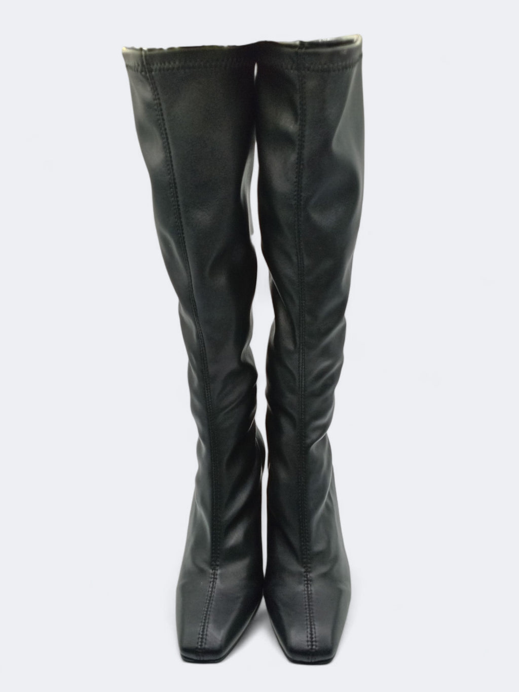 BOTA QUADRADA DANIELA VEGA PRETO COURO TECIDO CANO LONGO ALTO
