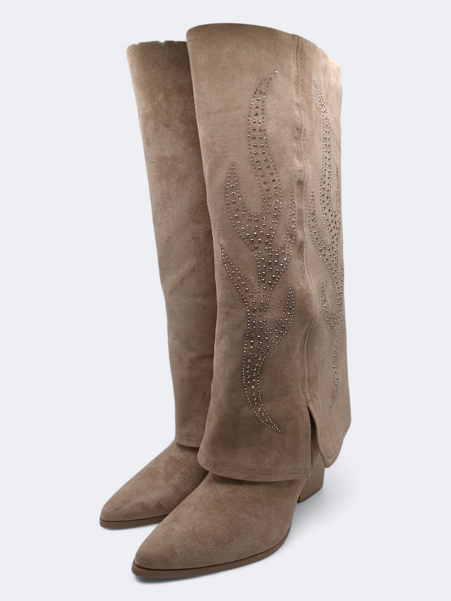 BOTA WESTERN STEPHAN PARIS BEGE CASTANHO CLARO CAMURÇA STRASS BRILHO BICUDO ZIPER CANO ALTO