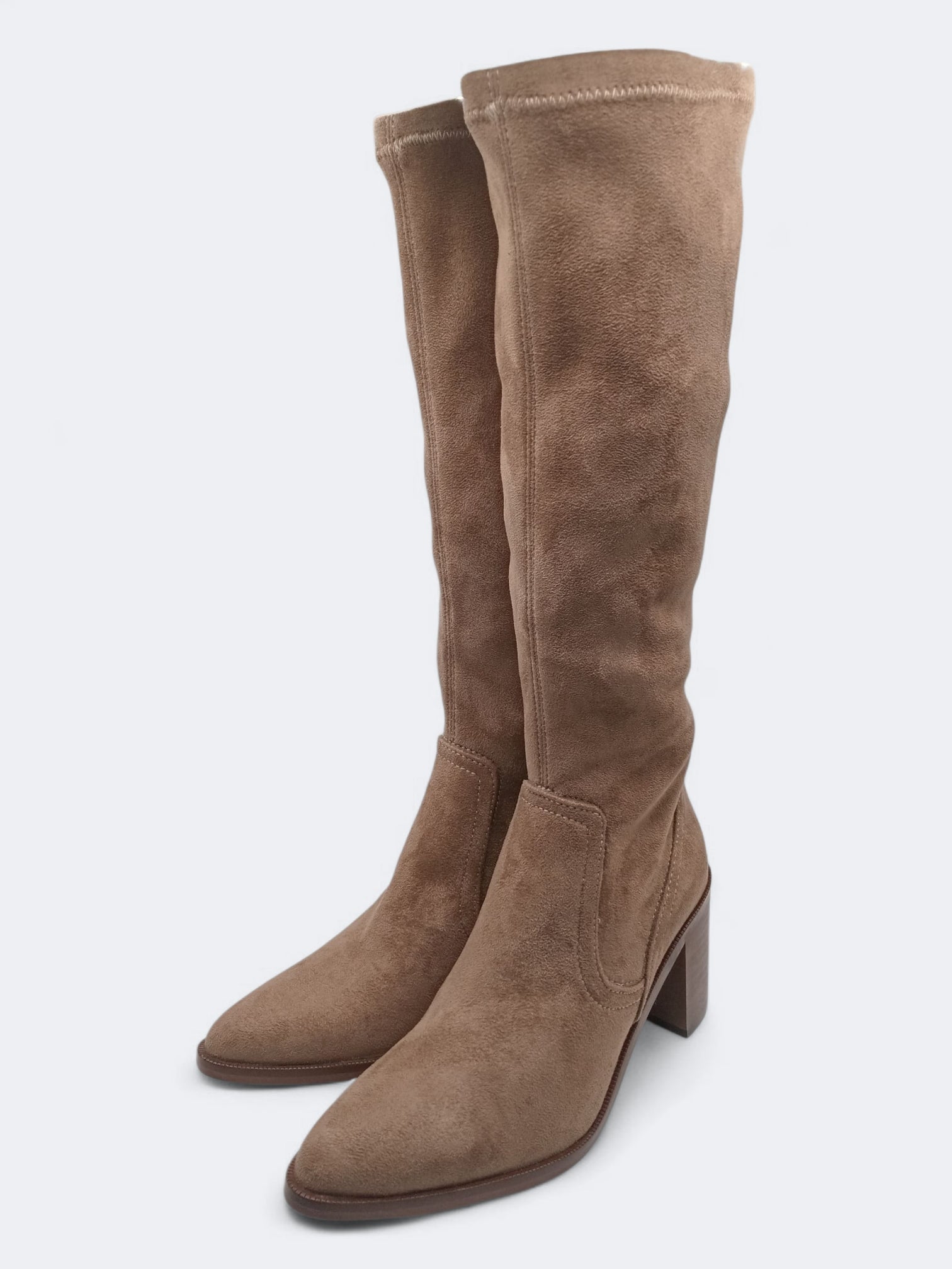 BOTA SALTO FENDA VEXED SHOES CASTANHO TECIDO CAMURÇA BICUDO ZIPER CANO ALTO