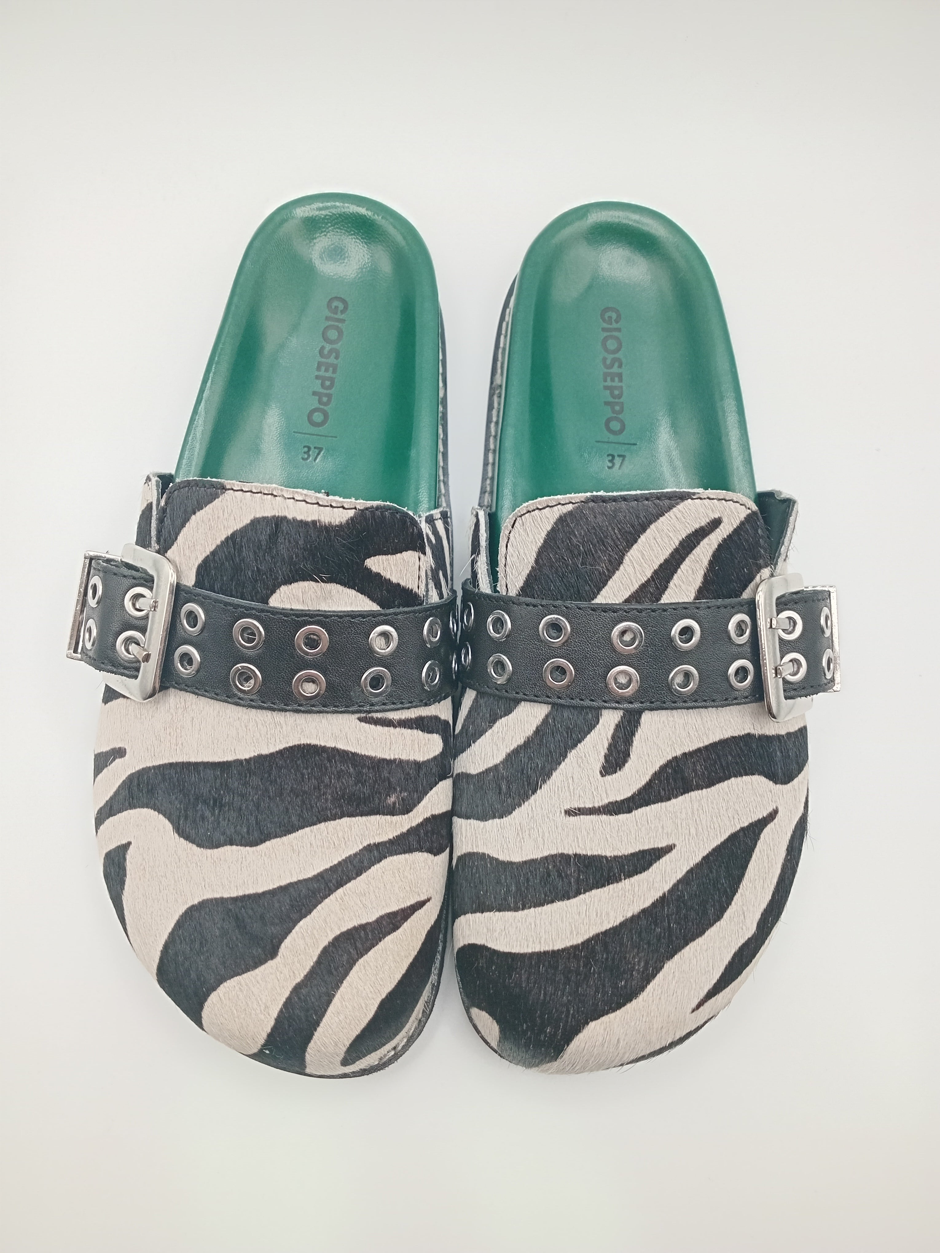 SOCAS GIOSEPPO ZEBRA PRETO BRANCO VERDE COURO TIRA REGULADORA ARGOLAS ANIMAL PRINT