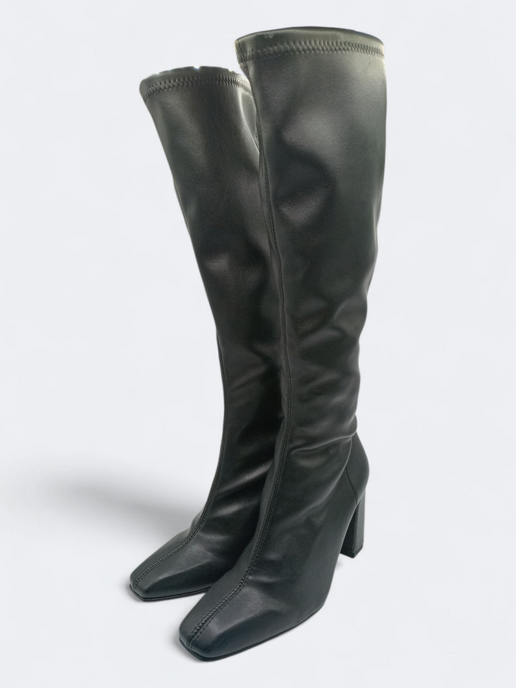 BOTA QUADRADA DANIELA VEGA PRETO COURO TECIDO CANO LONGO ALTO