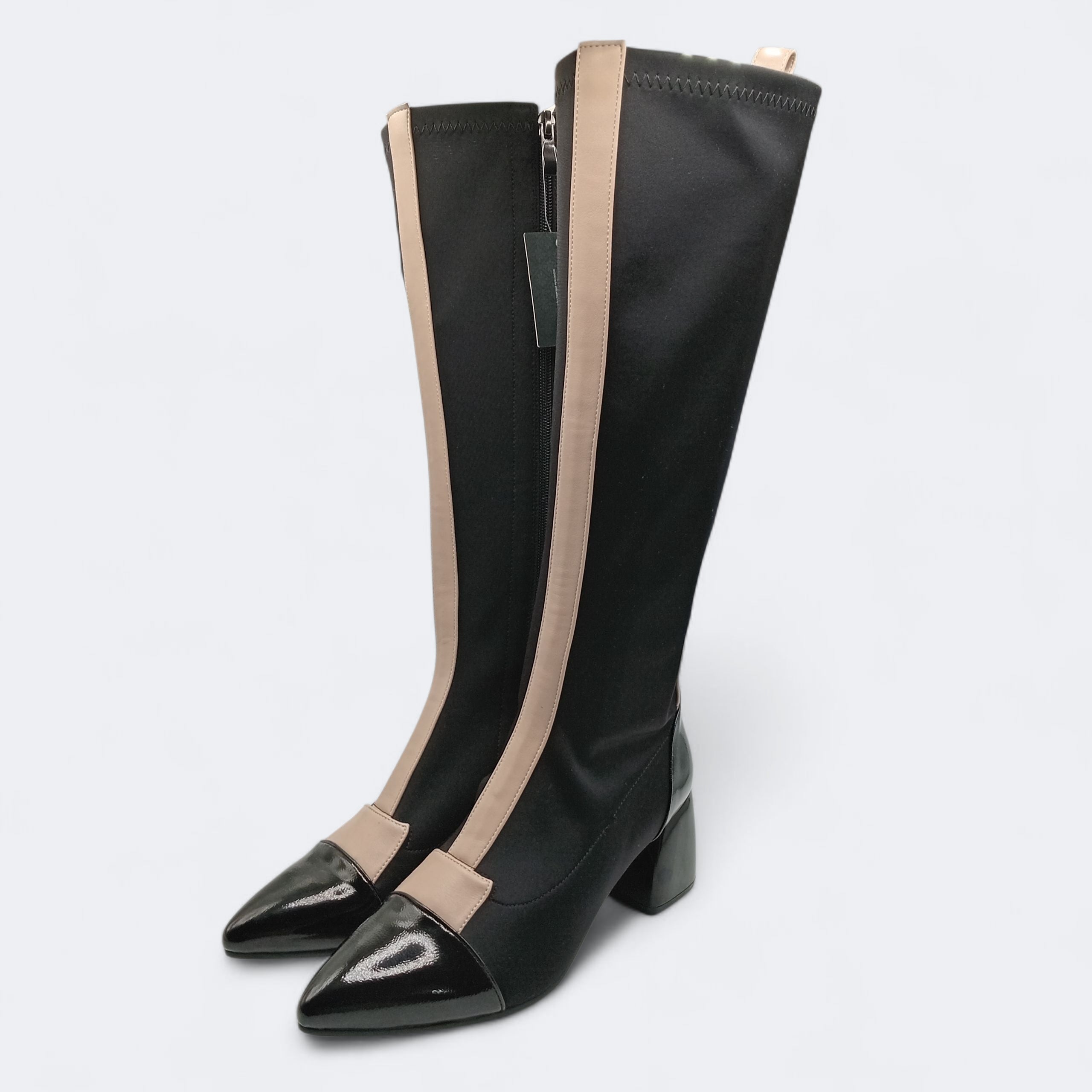 BOTA SALTO ROCKAWAY PRETO BEGE ROSE TECIDO IMPERMEÁVEL LISTRA BEGE CANO ALTO BICUDO