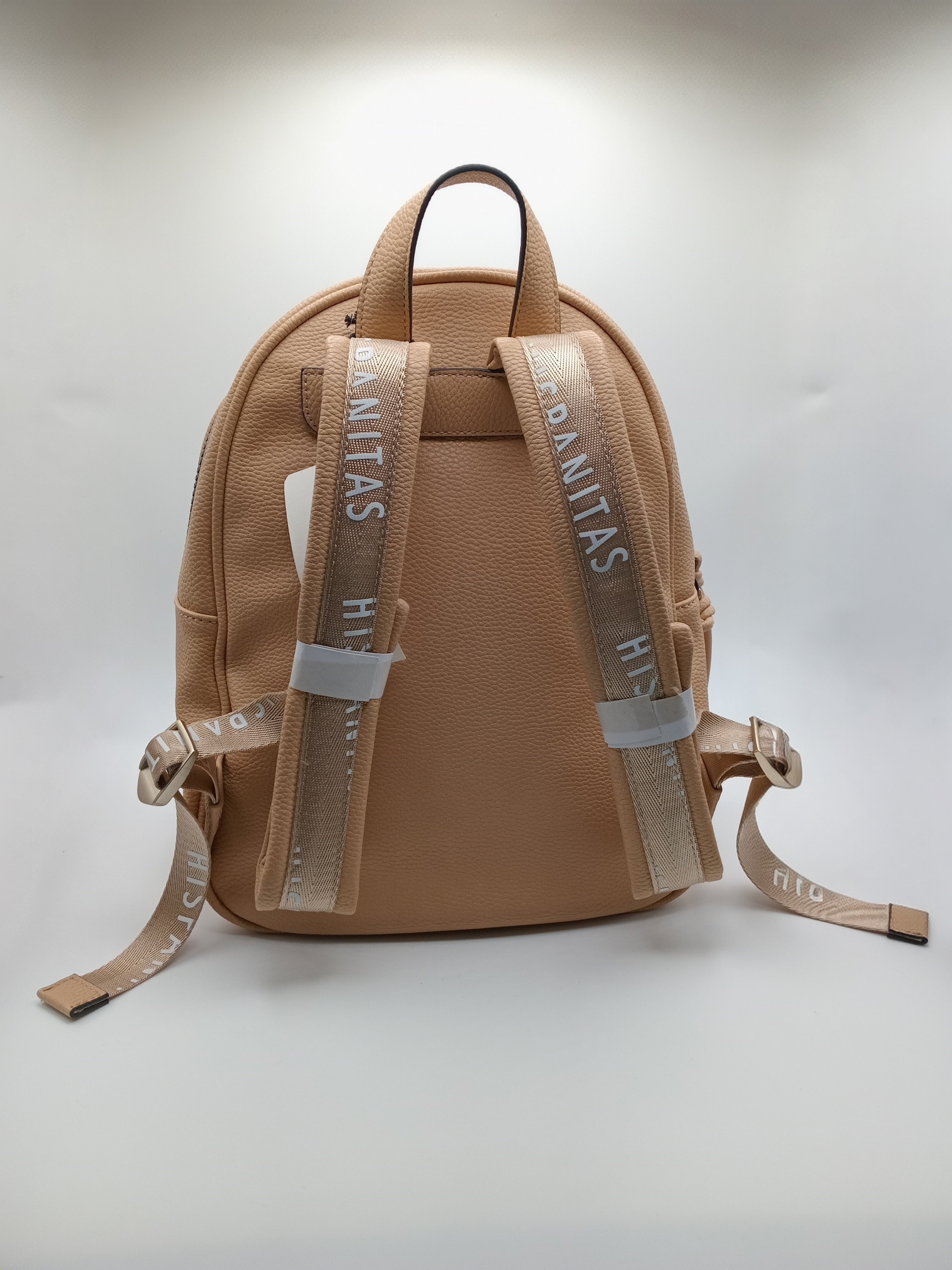MOCHILA HISPANITAS CASTANHO DETALHES EM PRETO E VERDE TECIDO ECO PELE BOLSO FRONTAL ALCA AJUSTÁVEL MALA