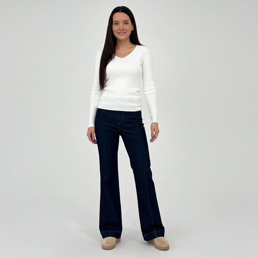 CAMISOLA VINCEOTTO CREME DECOTE EM BICO MANGA CUMPRIDA