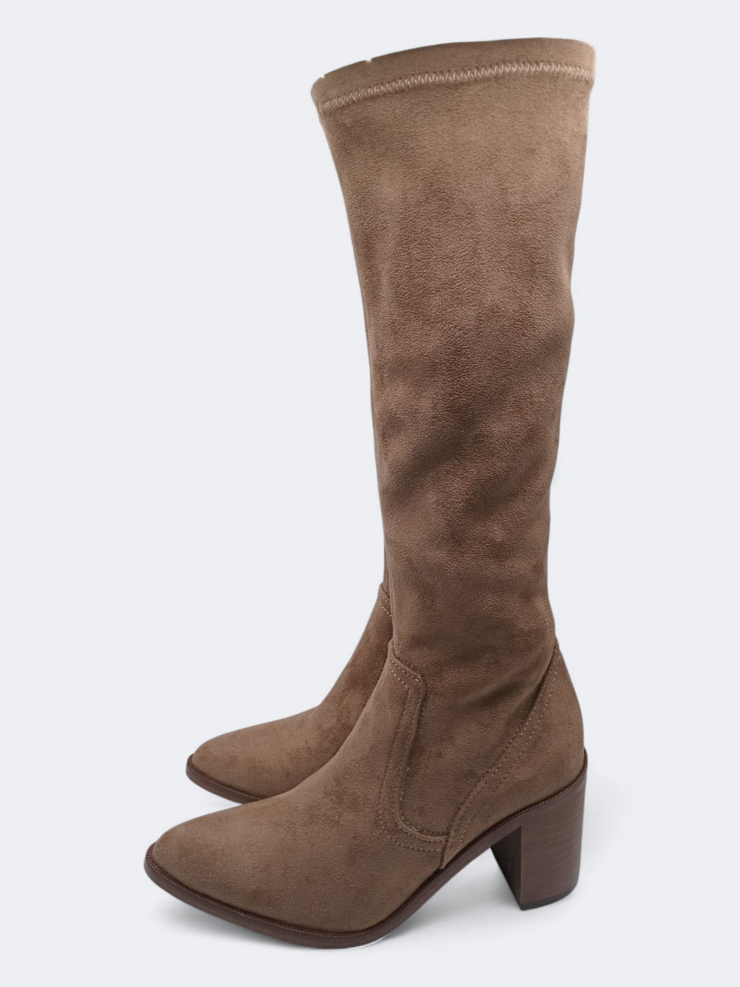 BOTA SALTO FENDA VEXED SHOES CASTANHO TECIDO CAMURÇA BICUDO ZIPER CANO ALTO