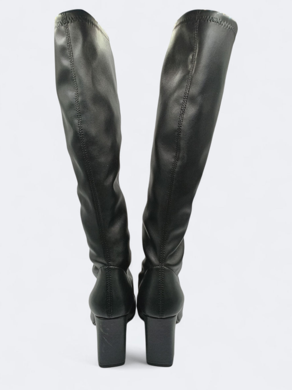 BOTA QUADRADA DANIELA VEGA PRETO COURO TECIDO CANO LONGO ALTO