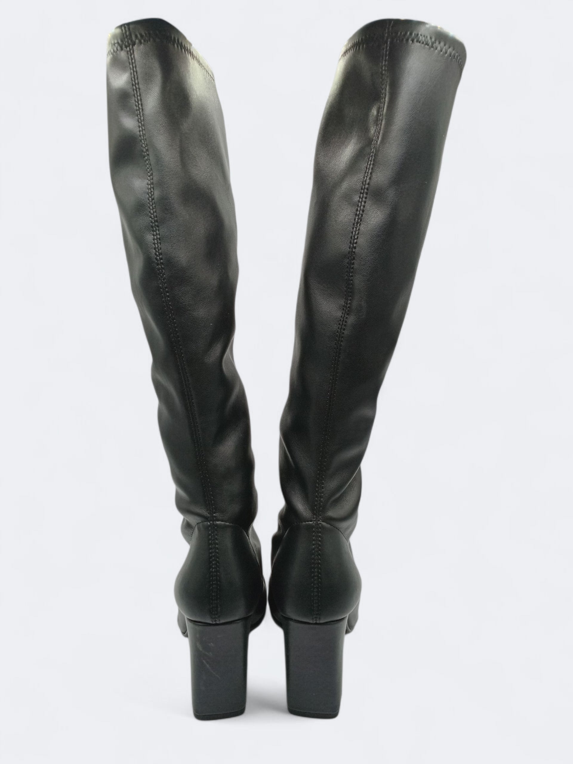 BOTA QUADRADA DANIELA VEGA PRETO COURO TECIDO CANO LONGO