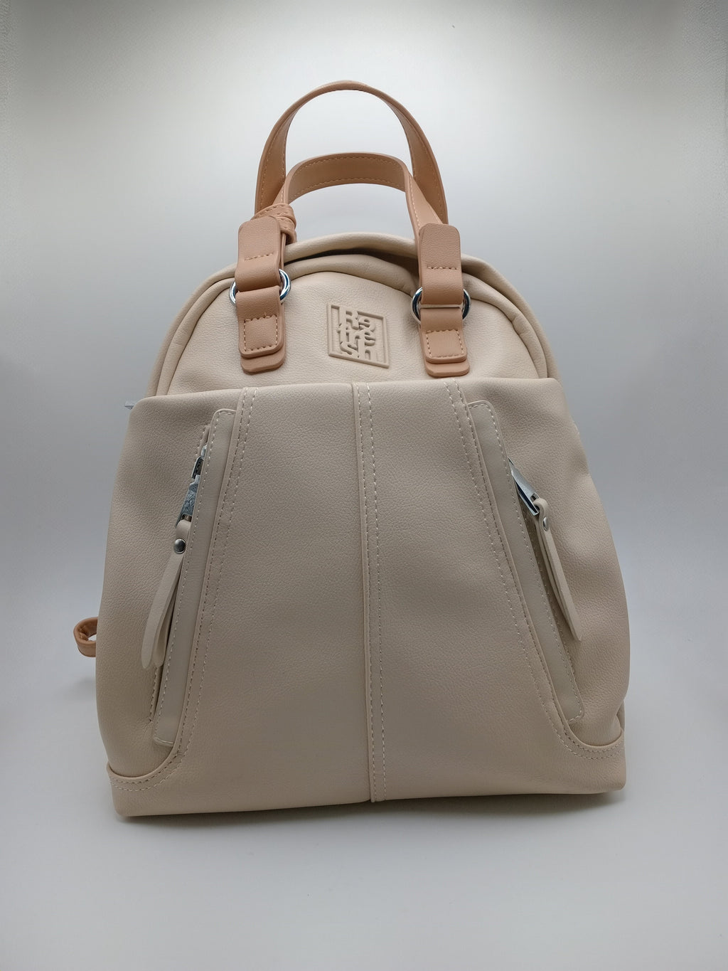 MOCHILA REFRESH BEGE CASTANHO CLARO ECO PELE BOLSO DUPLO FRONTAL ALÇA AJUSTÁVEL MALA