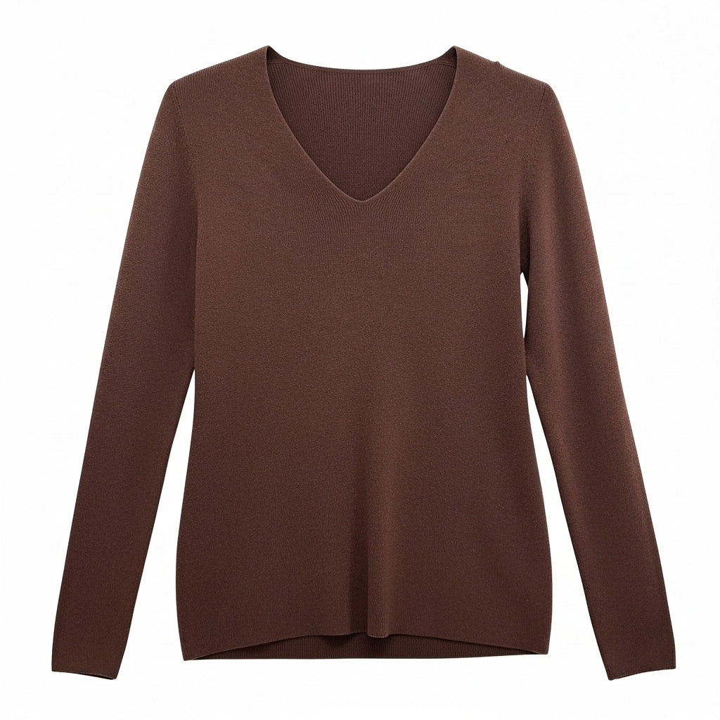 CAMISOLA VINCEOTTO CASTANHO ESCURO DECOTE EM BICO MANGA CUMPRIDA