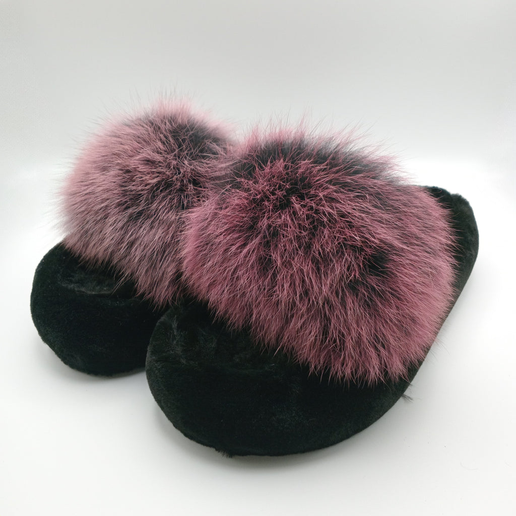 CHINELOS KEYMEI PRETO E ROSA PELOS VELUDO